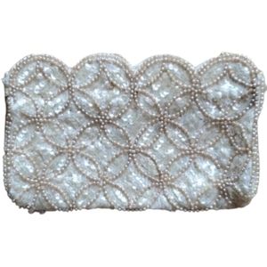 Bag‎ by Debbie Handmade Scalloped Bead and Sequin Evening Clutch Bag in Cream